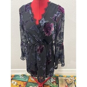 Dee Elly‎ black velvet burnout floral print mini Whimsigoth Dress Size S
